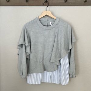 Zara Gray Long Sleeve Shirt with Built-In White and Blue Stripped Shirt.